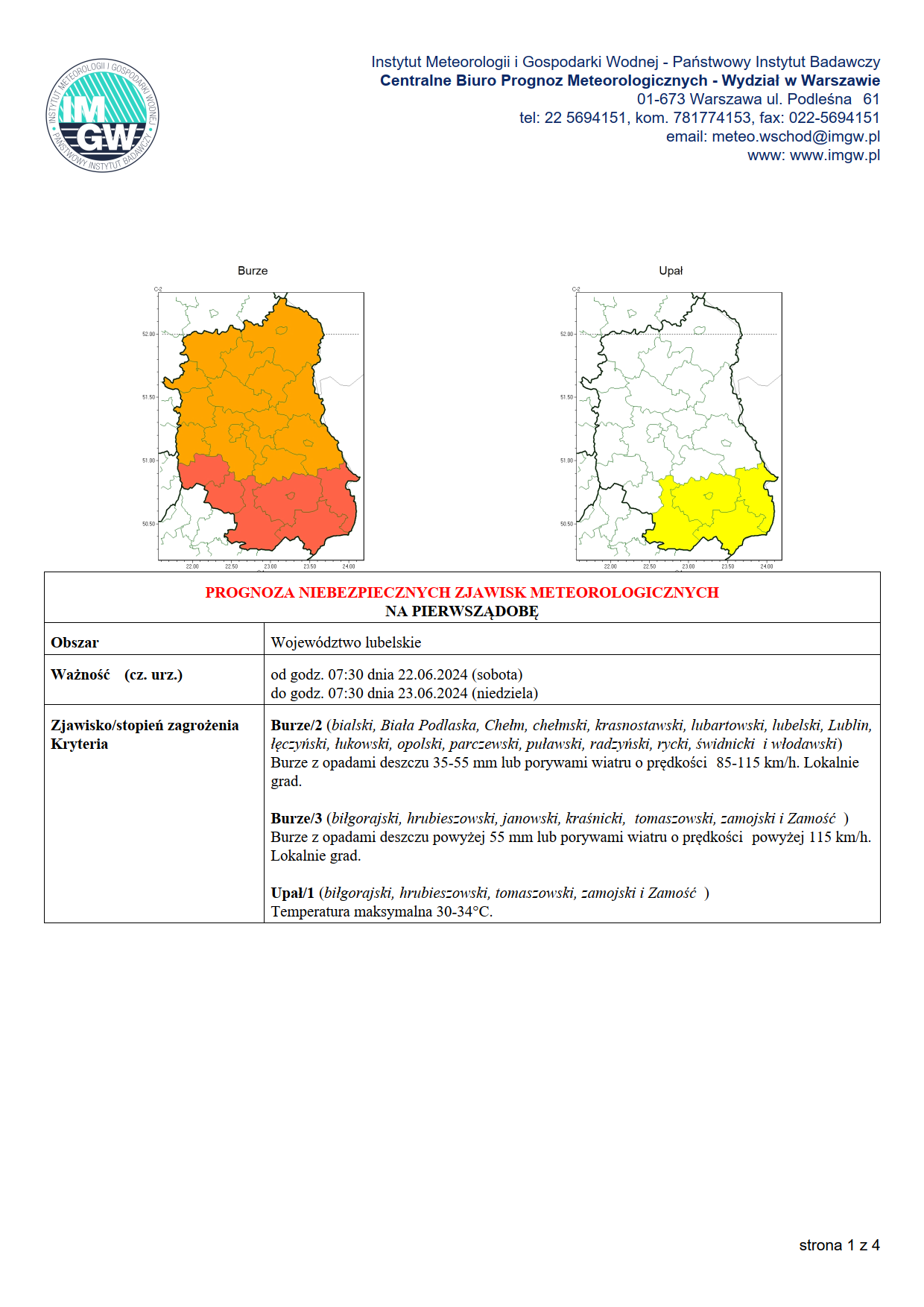 OSTRZEŻENIE. Burze i upały 22.06.2024 r. – 23.06.2024 r.