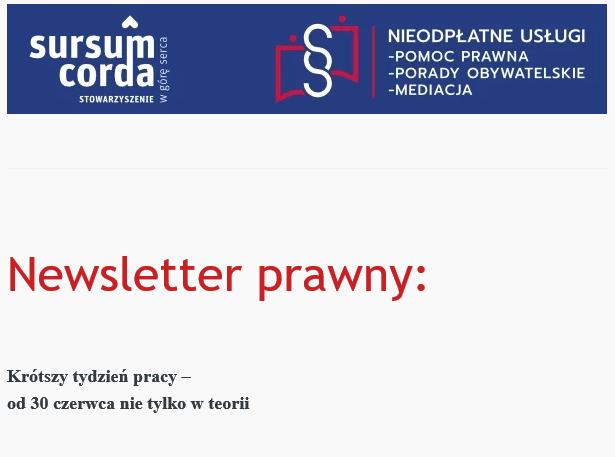 Nieodpłatna pomoc prawna i poradnictwo obywatelskie – Newsletter prawny: Krótszy tydzień pracy – od 30 czerwca nie tylko w teorii