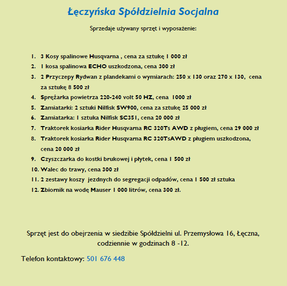 Łęczyńska Spółdzielnia Socjalna sprzedaje używany sprzęt i wyposażenie.