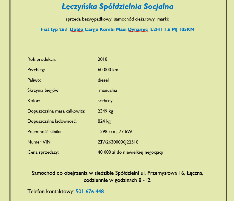 Łęczyńska Spółdzielnia Socjalna sprzeda bezwypadkowy  samochód ciężarowy.