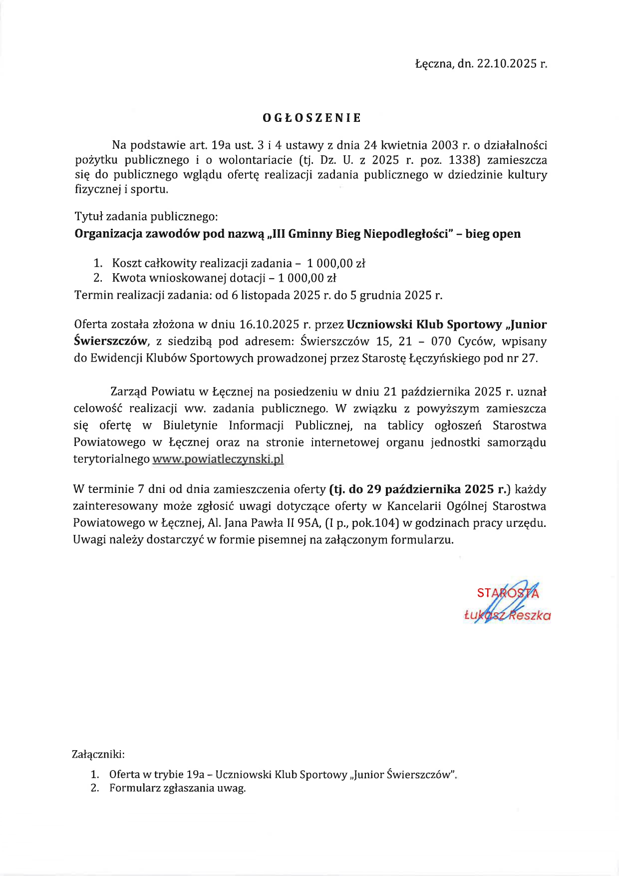 Ogłoszenie o złożeniu oferty w trybie art. 19a ustawy z dnia 24 kwietnia 2003 r. o działalności pożytku publicznego i o wolontariacie – Uczniowski Klub Sportowy Junior Świerszczów