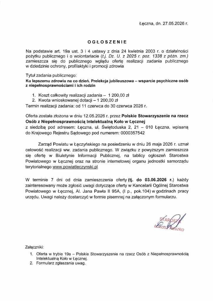 Ogłoszenie o złożeniu oferty w trybie art. 19a ustawy z dnia 24 kwietnia 2003 r. o działalności pożytku publicznego i o wolontariacie – Polskie Stowarzyszenie na Rzecz Osób z Niepełnosprawnością Intelektualną Koło w Łęcznej