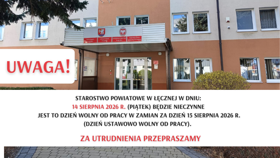 14 sierpnia – Starostwo Powiatowe w Łęcznej będzie zamknięte